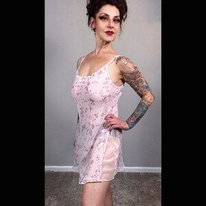 90s Jones NY Ice Blue Sheer Lingerie Nightgown Floral Slip Dress Bridal Pinup M